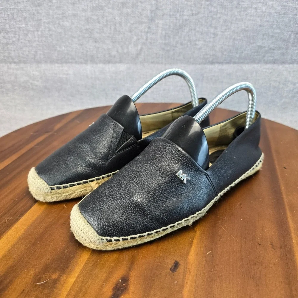 Michael Kors Black Leather Espadrille Flats MK Logo Slip On Shoes Womens 7M